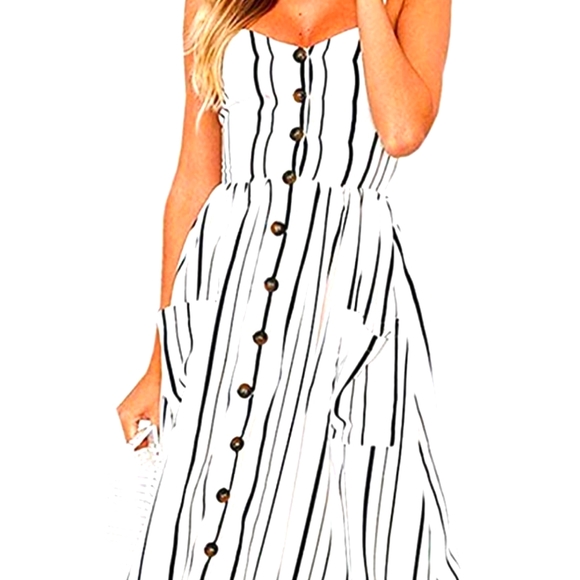 Dresses & Skirts - New w tags pink/navy blue stripe button down dress. Medium. 6-8 US